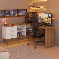 Escritorio Gamer de Esquina Lisboa con 3 Cajones Patas y Nichos Blanco/Marrón