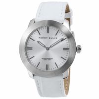 Reloj Perry Ellis Slim Line 42 07014-01 Acero Inoxidable Correa de Cuero Blanco Dial Plateado