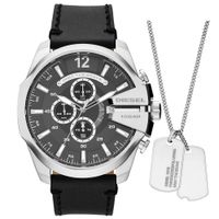 Reloj Diesel Mega Chief DZ4559 Set Con Collar Fecha Cronómetro Correa de Cuero Negro Dial Gris Oscur