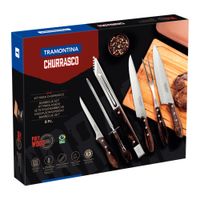 Kit para Asado Tramontina con Láminas de Acero Inoxidable y Mangos de Madera Polywood Castaño, con Tabla de Corte y Estuche 8 Piezas