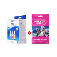 Combo: Pack de 3 botellas de tinta Epson T664 Cmy, hasta 6500 páginas a color + Papel fotográfico Office Paper brillante Canvas, A4, 10 hojas, 180g
