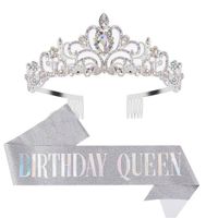 Set tiara y banda cumpleaños escarchada Birthday Queen plateado