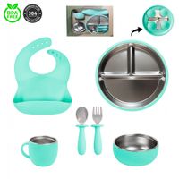 Set de alimentación de acero Turquesa para bebe platos babero cubiertos y taza