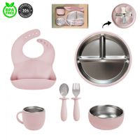 Set de alimentación de acero Palo Rosa para bebe platos babero cubiertos y taza