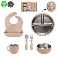 Set de alimentación de acero Beige para bebe platos babero cubiertos y taza
