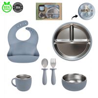 Set de alimentación de acero Azul para bebe platos babero cubiertos y taza
