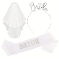 Set x 3 accesorios plateado vincha, banda bride con perlitas y velo largo para la novia despedida de