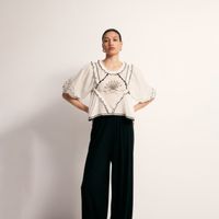 Blusa Mujer Sfera Manga Farol Bordados Crudo