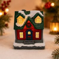 Chalet Navideño Rojo con Corona y Luz LED 7x7cm