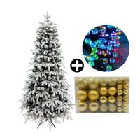 COMBO Orange: Árbol de Navidad 210cm Nevado con 1512 Ramas + Set de 122 Bolas de Árbol 4/6/8cm Dorado + Tira 10m de 200 Luces con Luz LED Multicolor