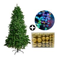 COMBO Orange: Árbol de Navidad 210cm Frondoso 1512 Ramas + Set de 122 Bolas de Árbol 4/6/8cm Dorado + Tira 10m de 200 Luces con Luz LED Multicolor