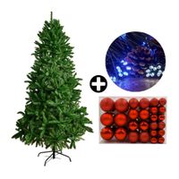 COMBO Orange: Árbol de Navidad 210cm Frondoso 1512 Ramas + Set de 122 Bolas de Árbol 4/6/8cm Rojo + Tira 10m de 200 Luces con Luz LED Fría