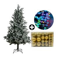COMBO Orange: Árbol de Navidad 180cm Premium Nevado Plegable + Set de 122 Bolas de Árbol 4/6/8cm Dorado + Tira 10m de 200 Luces con Luz LED Multicolor