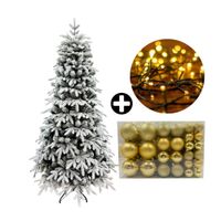 COMBO Orange: Árbol de Navidad 210cm Nevado con 1512 Ramas + Set de 122 Bolas de Árbol 4/6/8cm Dorado + Tira 10m de 200 Luces con Luz LED Cálida