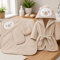 Set de Baño de Bebé con Toalla Salida de Baño Manopla y Babita (beige)