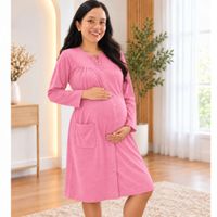 Bata Pijama Maternal De Lactancia Para Embarazo Y Postparto Manga Larga - Rosa- L-XL