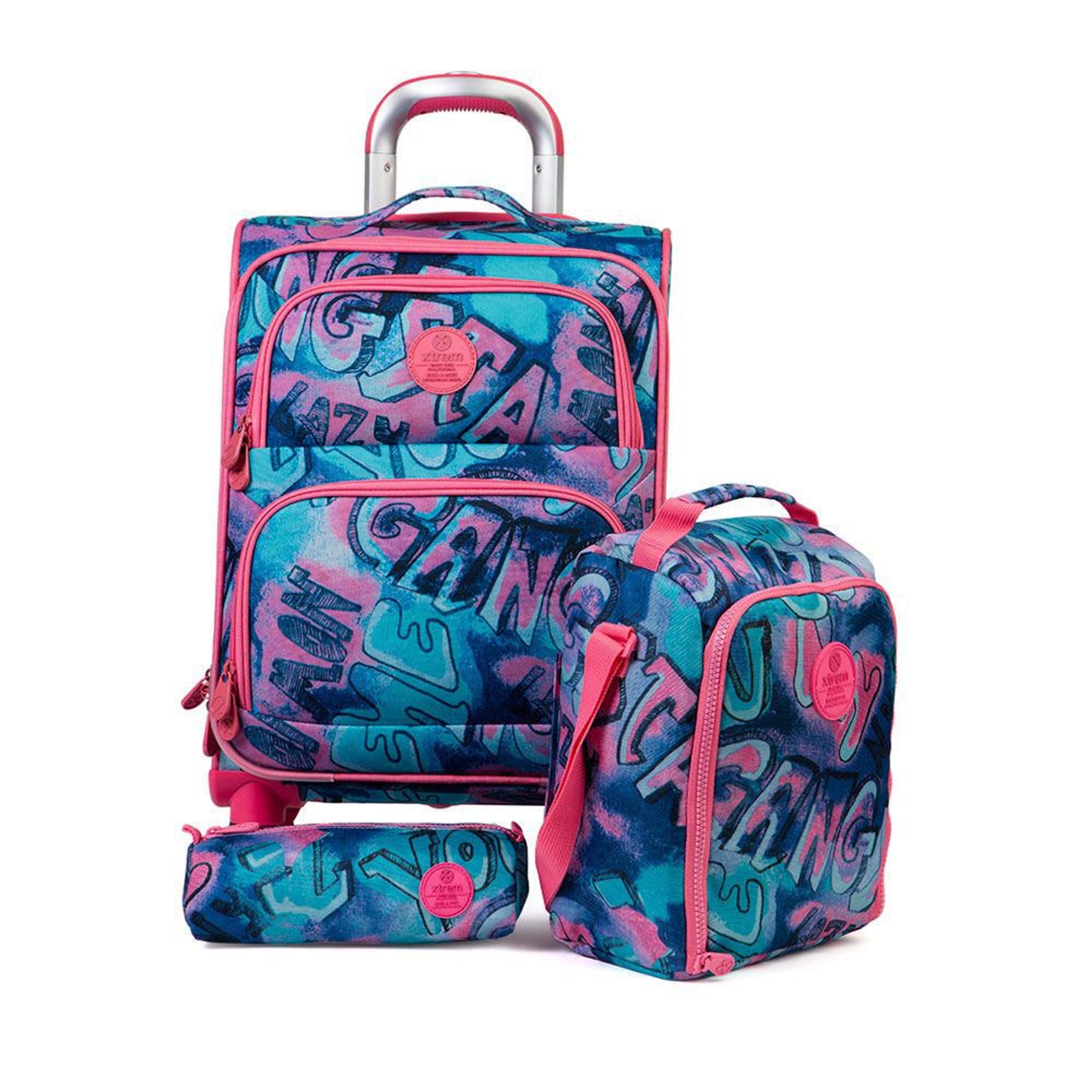 Mochila Con Ruedas Pack 3 Pzas Celeste Denim Graffiti - Shopstar