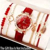 Reloj de Cuarzo Deportivo Rojo + 5 Pulseras Casual Mujer Cuero liso