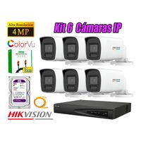 Kit 6 Cámara Seguridad Hikvision IP POE 4MP Color Vu Tubo Visión Color Disco 2TB