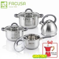 Juego De Ollas Misti Facusa 8 Piezas Con Tetera - Gris + Cafetera Moka