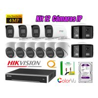 Kit 12 Cámara Seguridad Hikvision IP POE 4MP ColorVu 2 Cámara Panorámica Alarma 1TB WD