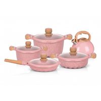 Juego De Ollas De Roca Volcánica + Sartén Y Tetera De 5l Rosa