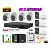 Kit 8 Cámara Seguridad Hikvision IP POE 4MP ColorVu 1 Cámara Panorámica Alarma Disc 1TB