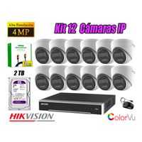 Kit 12 Cámara Seguridad Hikvision IP POE 4MP Color Vu Domo Visión Color Disco 2TB