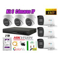 Kit 6 Cámara Seguridad Hikvision IP POE 4MP Color Vu Audio Luz Inteligente 2TB WD