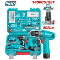 Kit de Herramientas 148 Piezas TOTAL con Taladro Inalámbrico 12V 20Nm Batería USB Tipo-C y Maletín S
