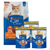 Pack CAT CHOW Adultos Sabor Carne, Salmón y Pollo 8kg + Alimento Húmedo Esterilizados con Pescado 85g x3un