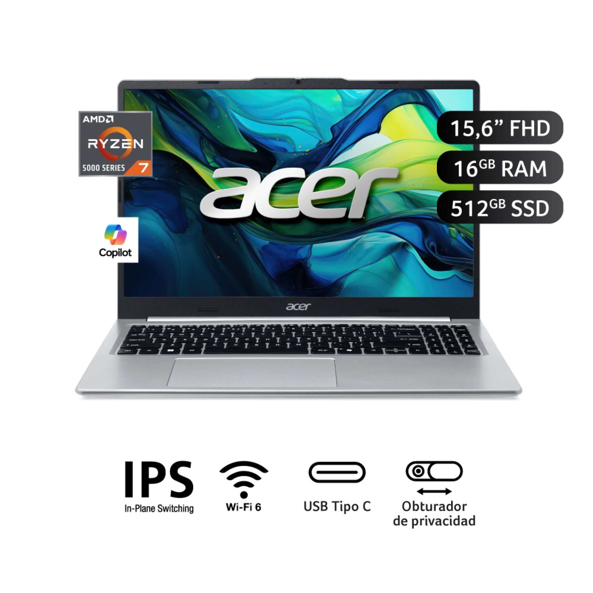 Laptop ACER Aspire Lite AL15-48P-R729 15"" AMD Ryzen 7 16GB 512GB SSD