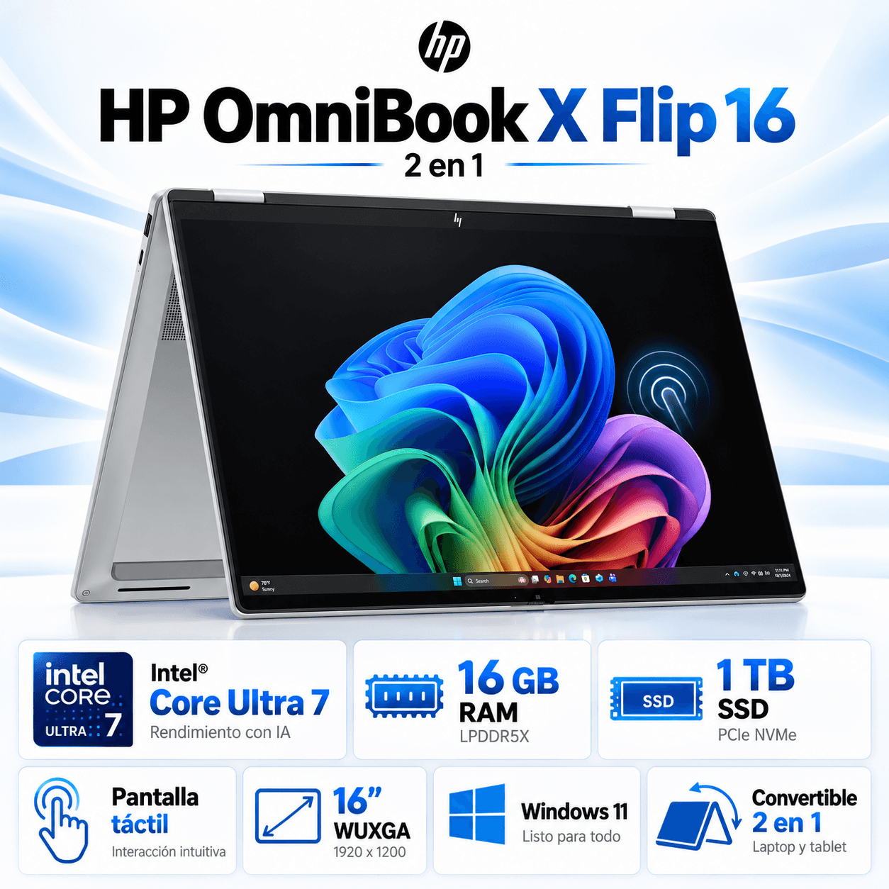 Laptop 2 en 1 HP OmniBook X Flip pantalla Touch Core Ultra 7 16GB RAM 1TB SSD Eclipse Gray