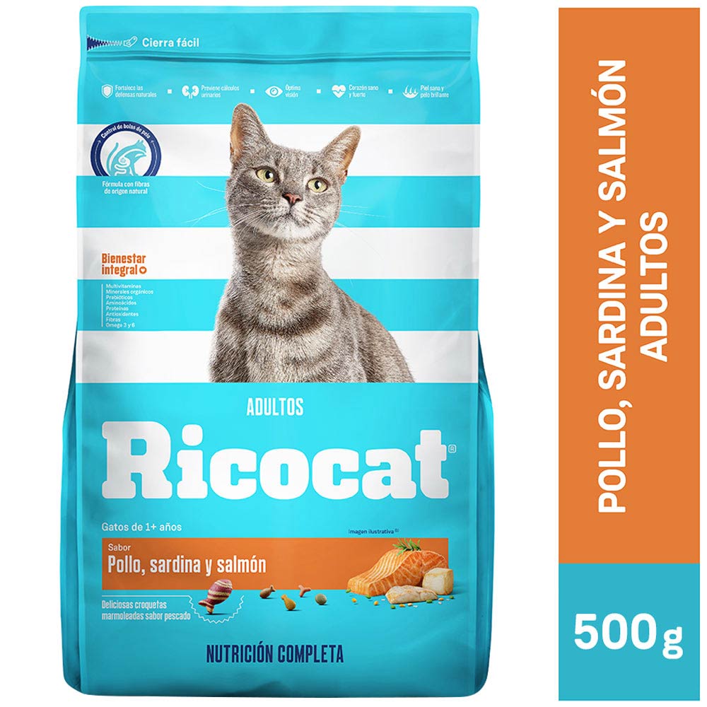 Comida para Gatos RICOCAT Adultos Sabor Pollo, Sardina y Salmón Bolsa 500g
