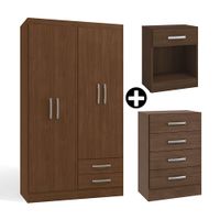 COMBO Ropero Cali  4 puertas + Cómoda 4 cajones + Velador 1 cajón Jacaranda