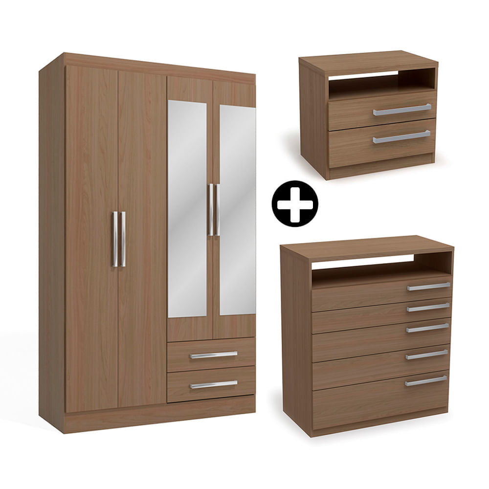 COMBO Ropero Capri 4 puertas Nature + Cómoda 5 cajones + Velador 2 cajones