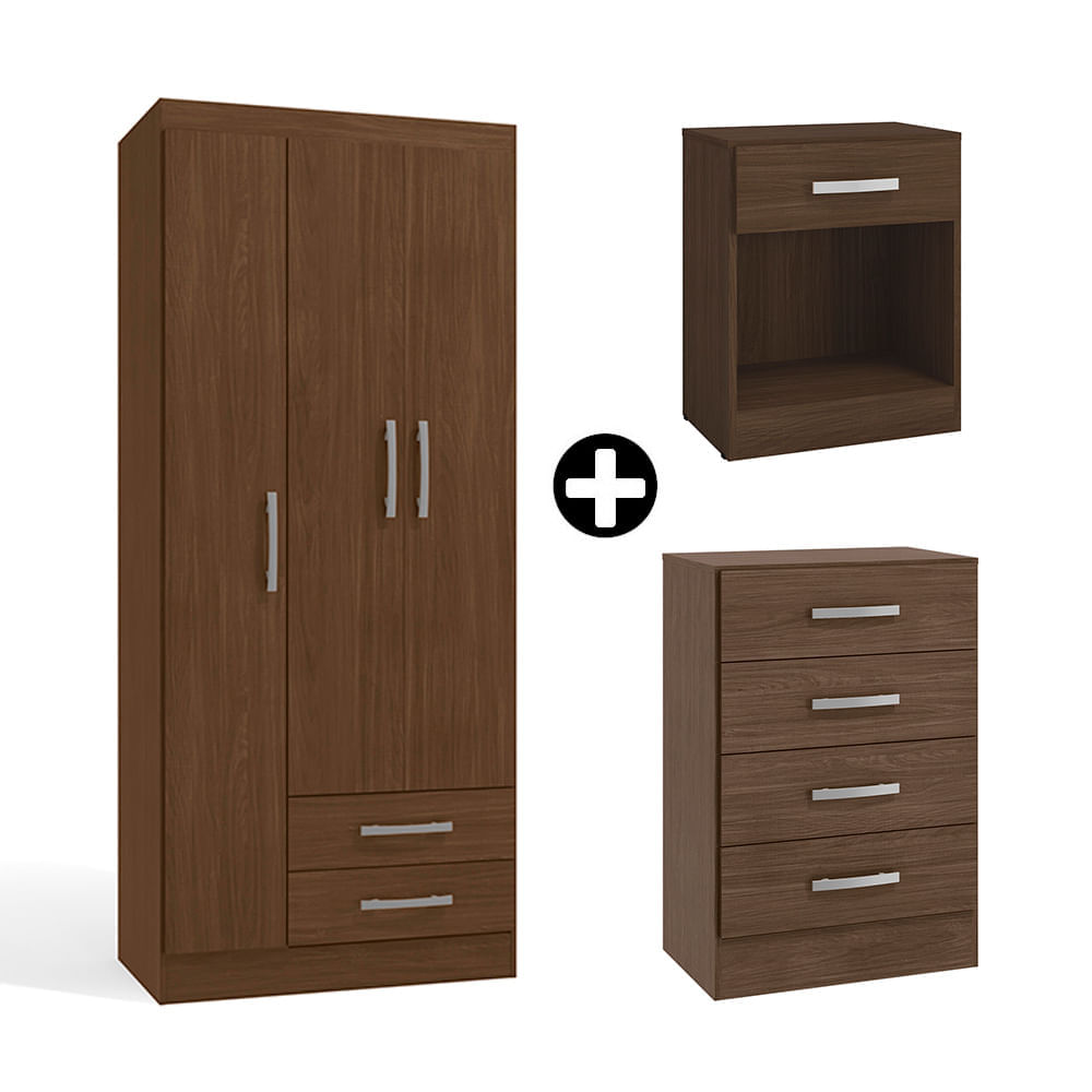 COMBO Ropero Cali 3 puertas + Cómoda 4 cajones + Velador 1 cajón Jacaranda Orange