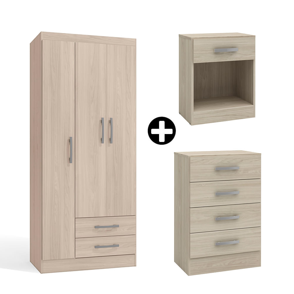 COMBO Ropero Cali 3 puertas + Cómoda 4 cajones + Velador 1 cajón Almendra