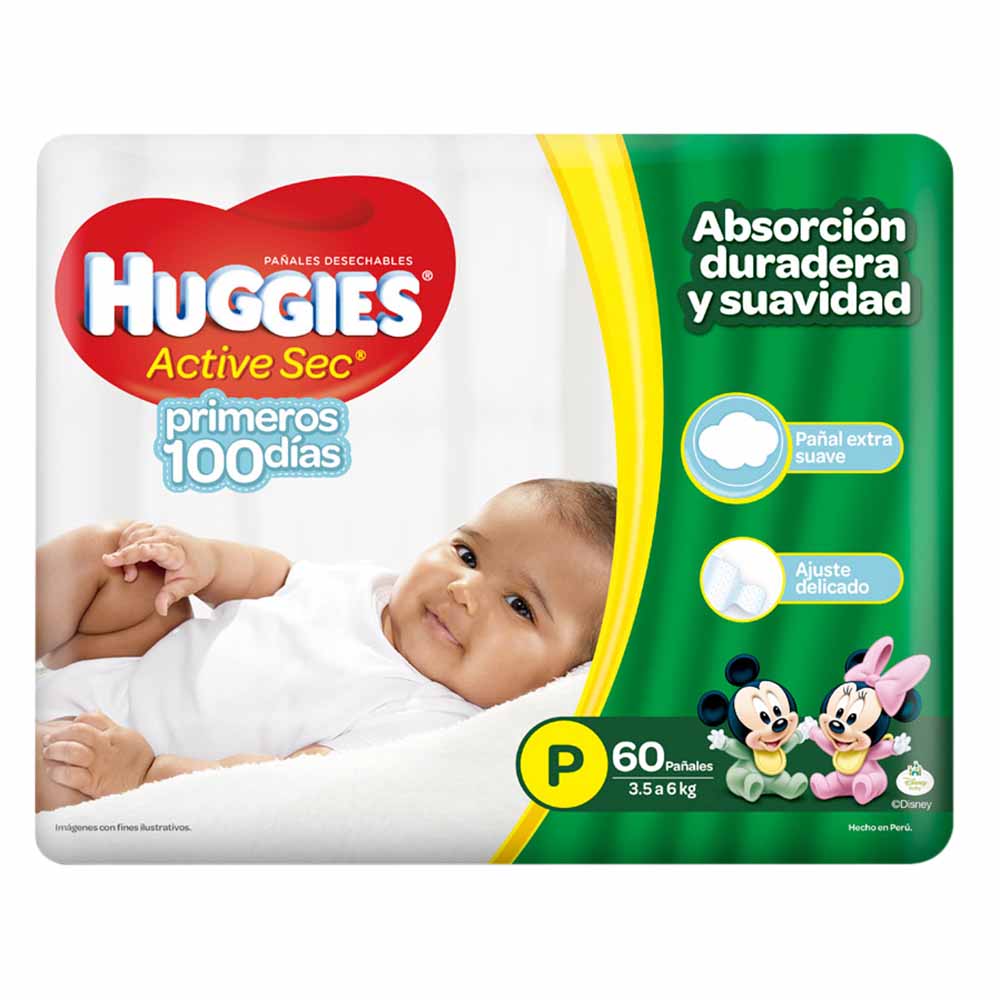 Pañales para Bebé HUGGIES Active Sec Talla P Paquete 60un