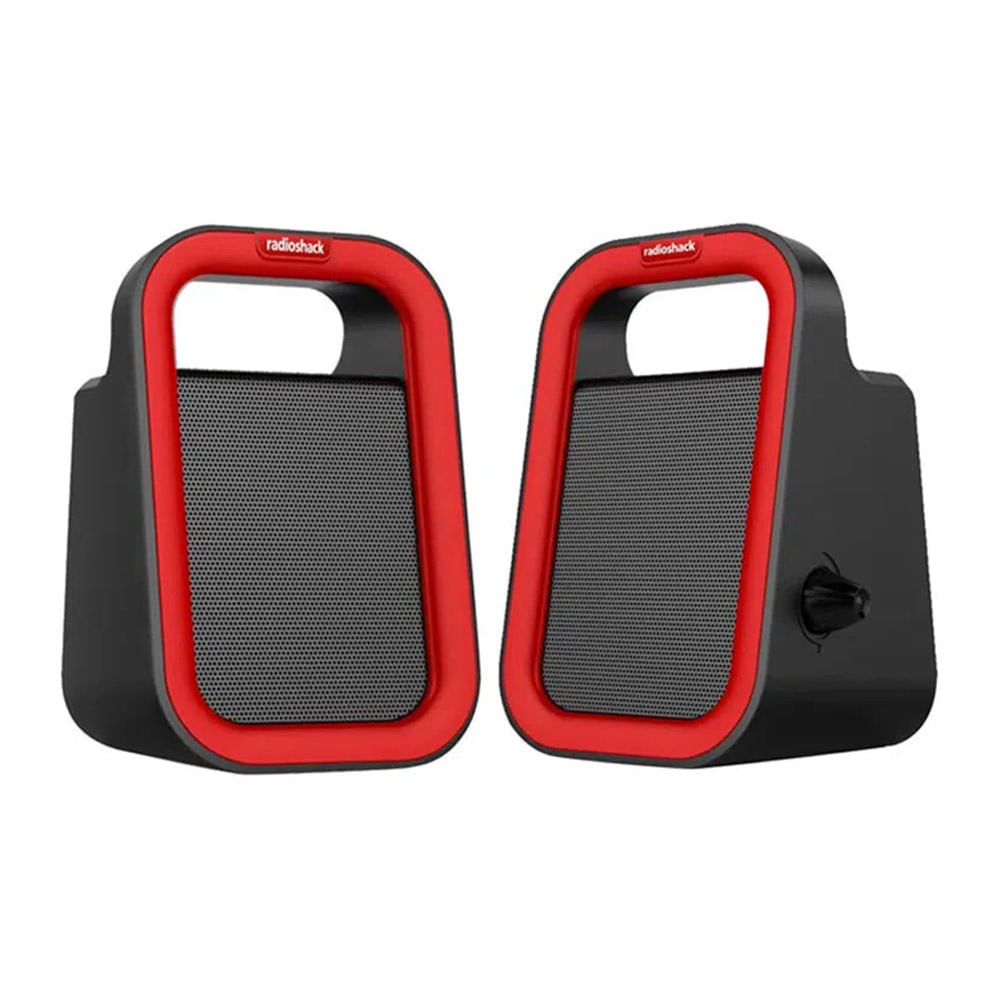 Parlantes para pc Radioshack, conexión usb 2.0 y 3.5 mm, 3W x2, negro con rojo