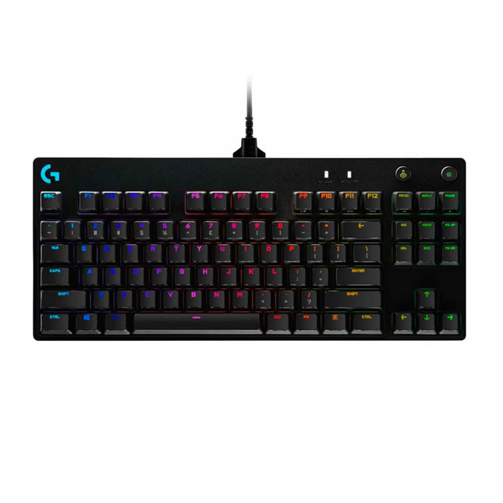 Teclado gaming Logitech Pro mecánico, alámbrico, conexión usb, sin teclado numérico, RGB