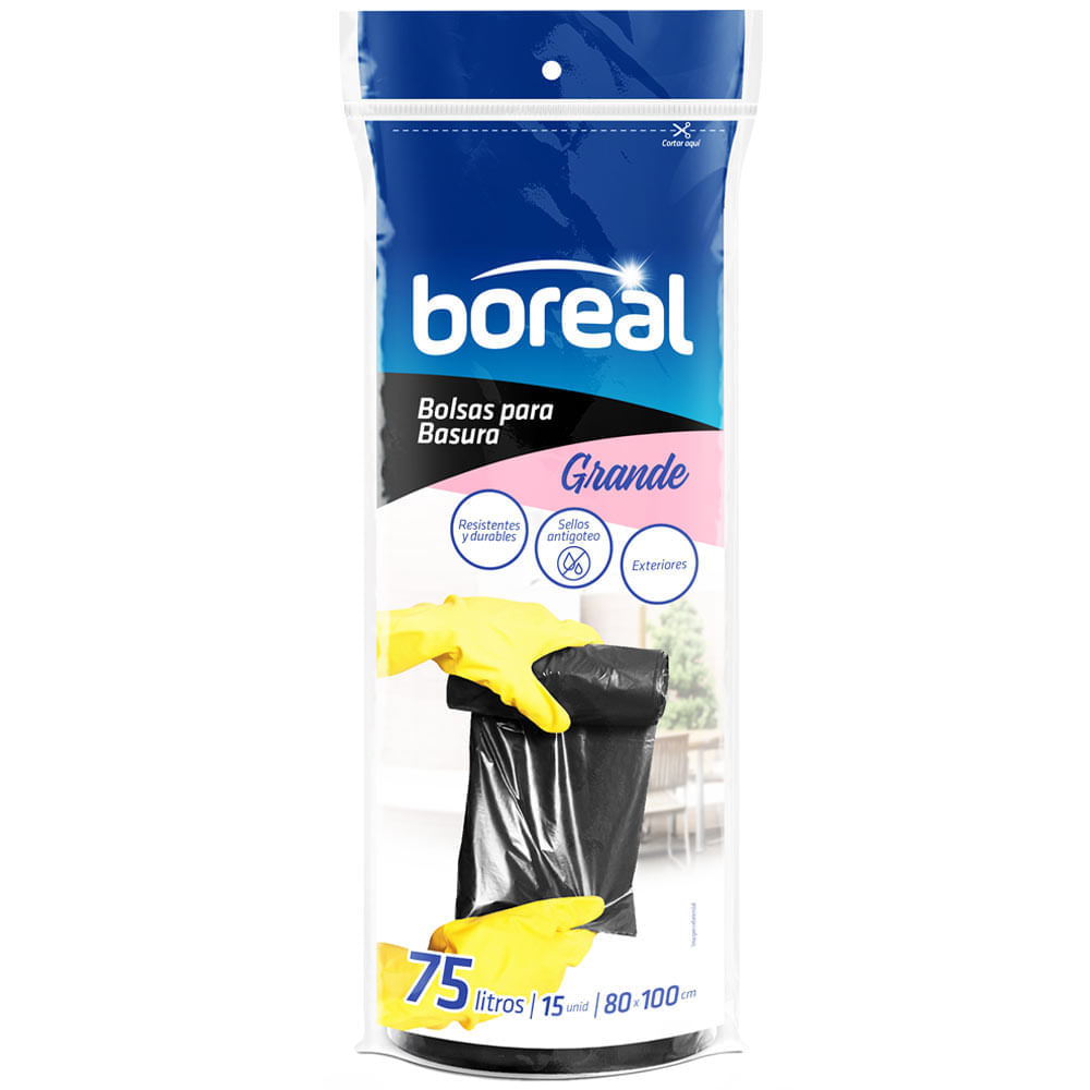Bolsa para Basura BOREAL 75L Negra Rollo 15un