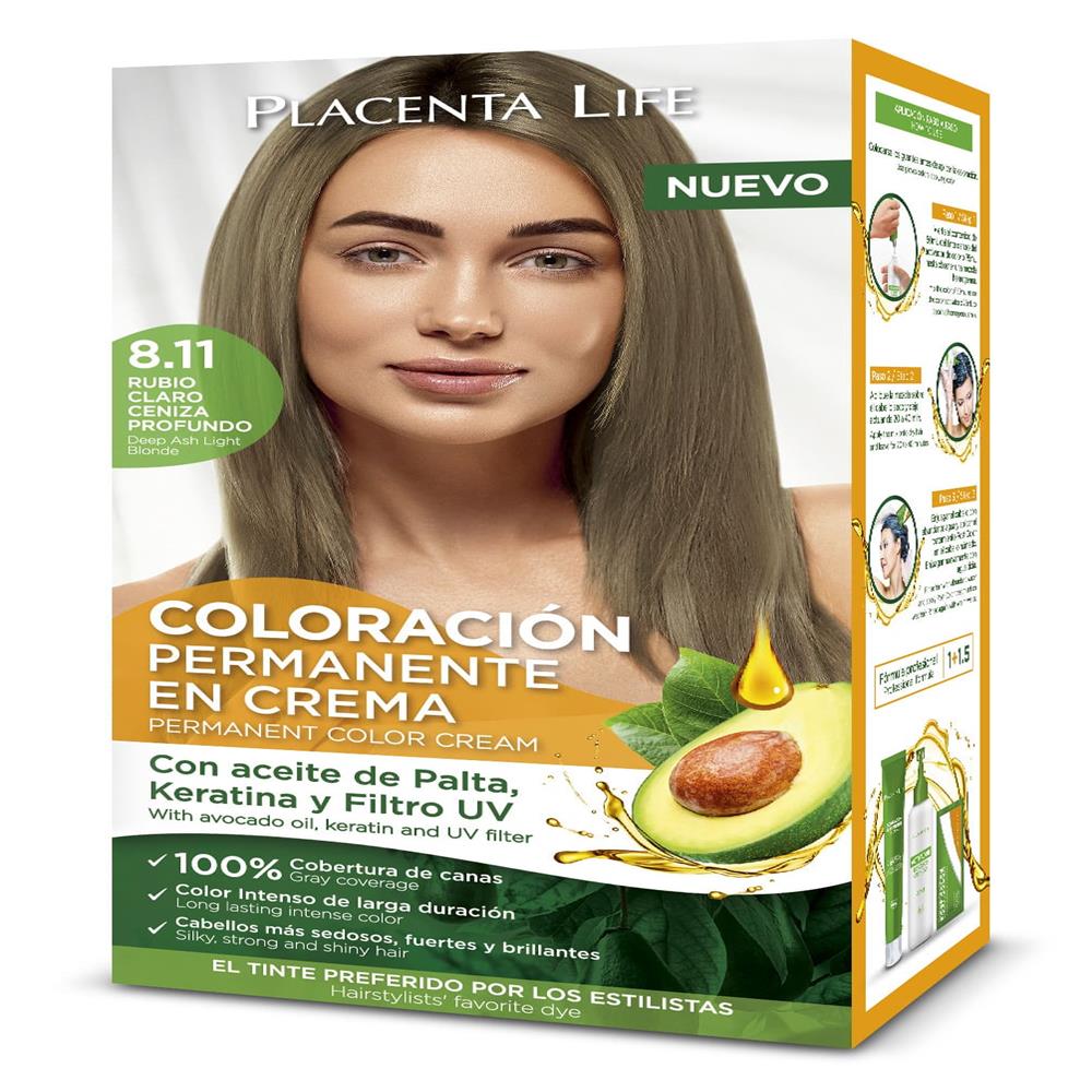 Placenta Life Coloración 8.11 Rubio Claro Ceniza Profundo Kit