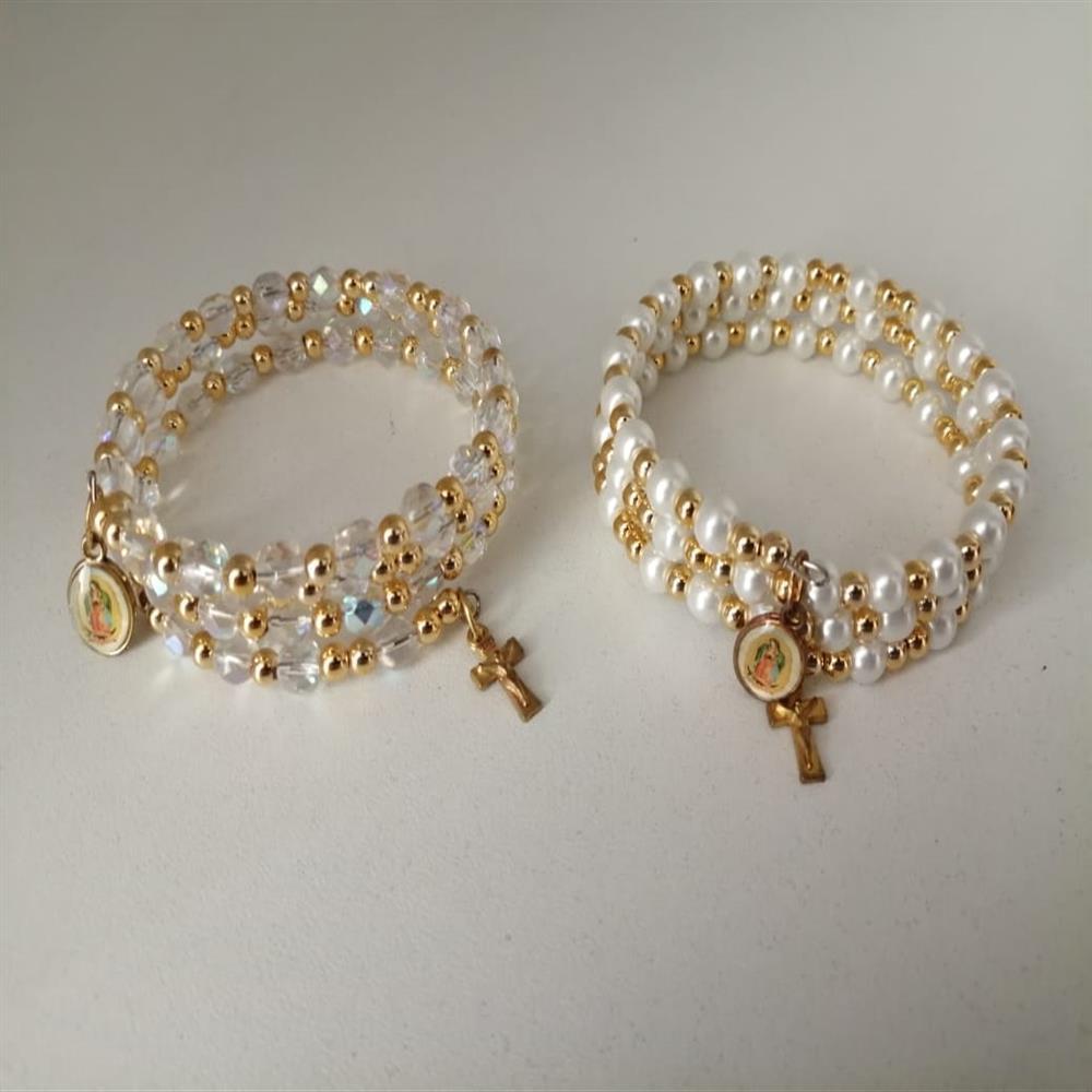 PULSERAS VIRGEN DE GUADALUPE 2 VERSIONES CON PERLAS Y CON MURANOS TRANSPARENTE