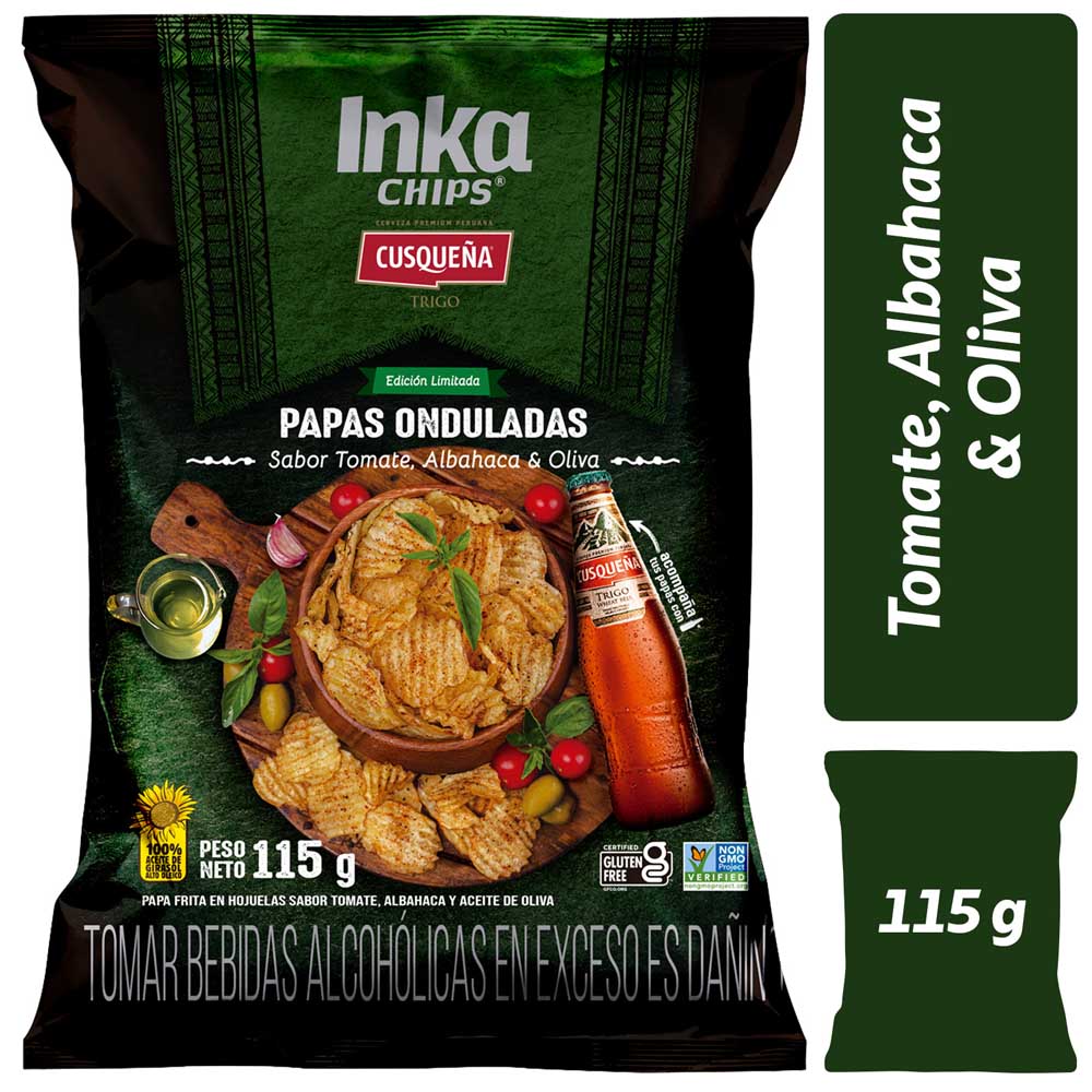 Papas Fritas INKA CHIPS Tomate, Albahaca y Aceite de Oliva Bolsa 115g