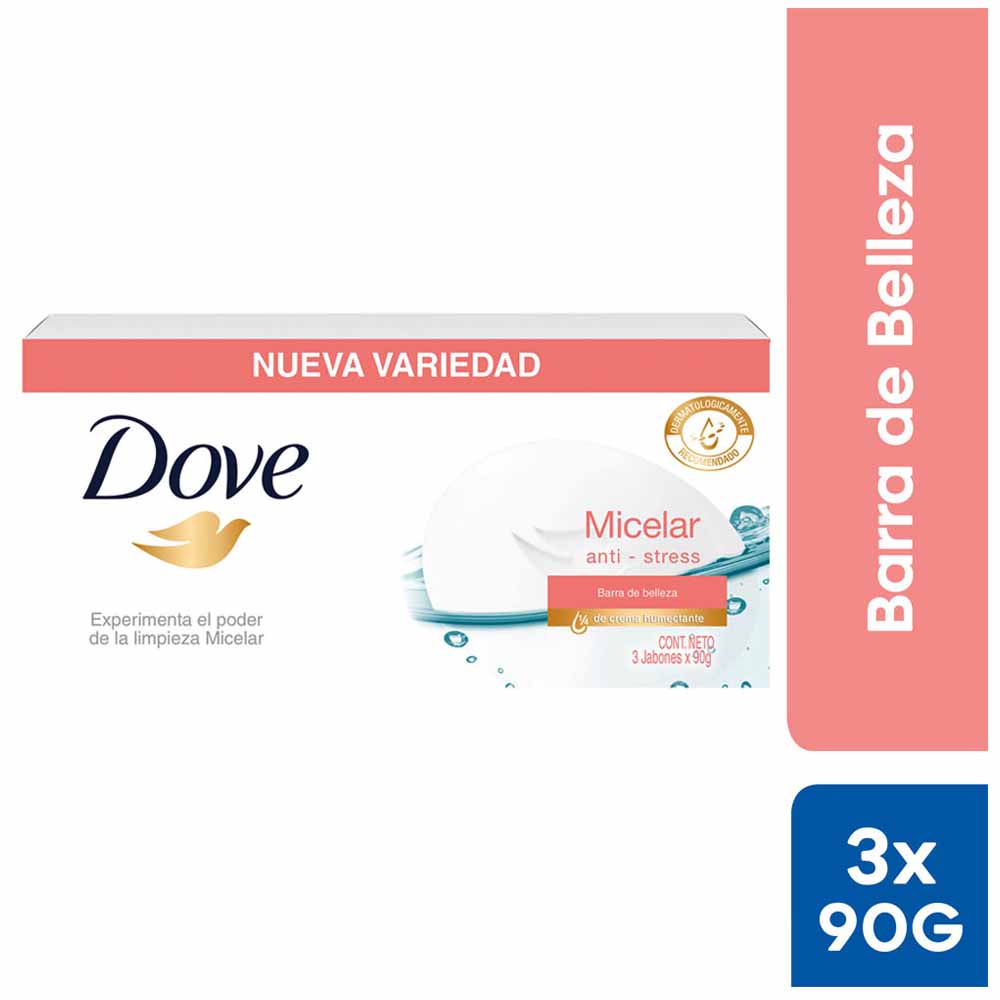 Jabón de Tocador DOVE Micelar Barra 90g Paquete 3un