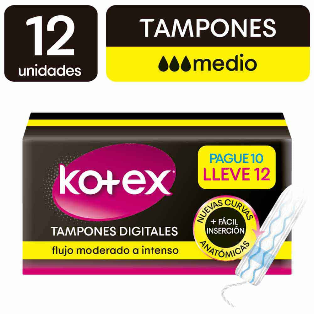 Tampón KOTEX sin Aplicador Flujo Medio Caja 12un