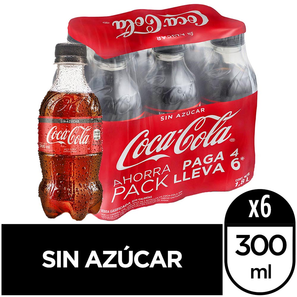 Gaseosa COCA COLA Sin Azúcar Botella 300ml Paquete 6un