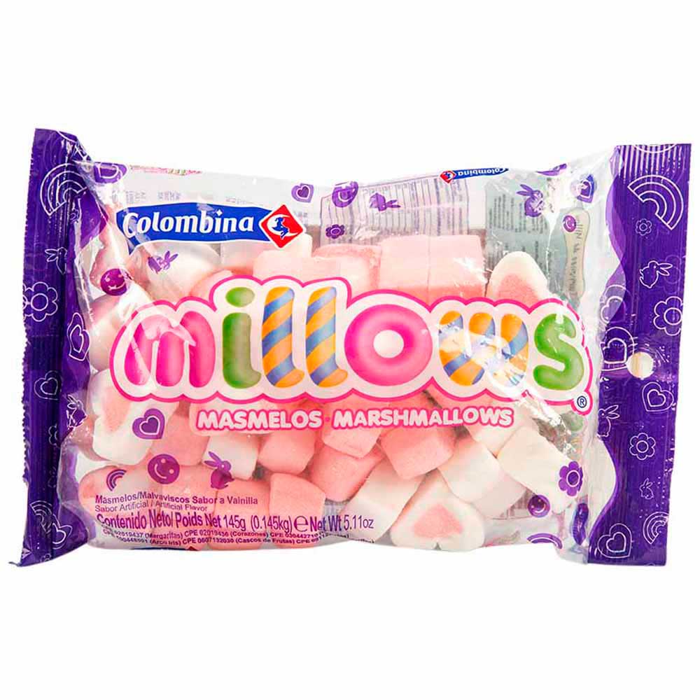 Marshmallow COLOMBINA Millows sabores frutados forma de corazón Bolsa 145Gr
