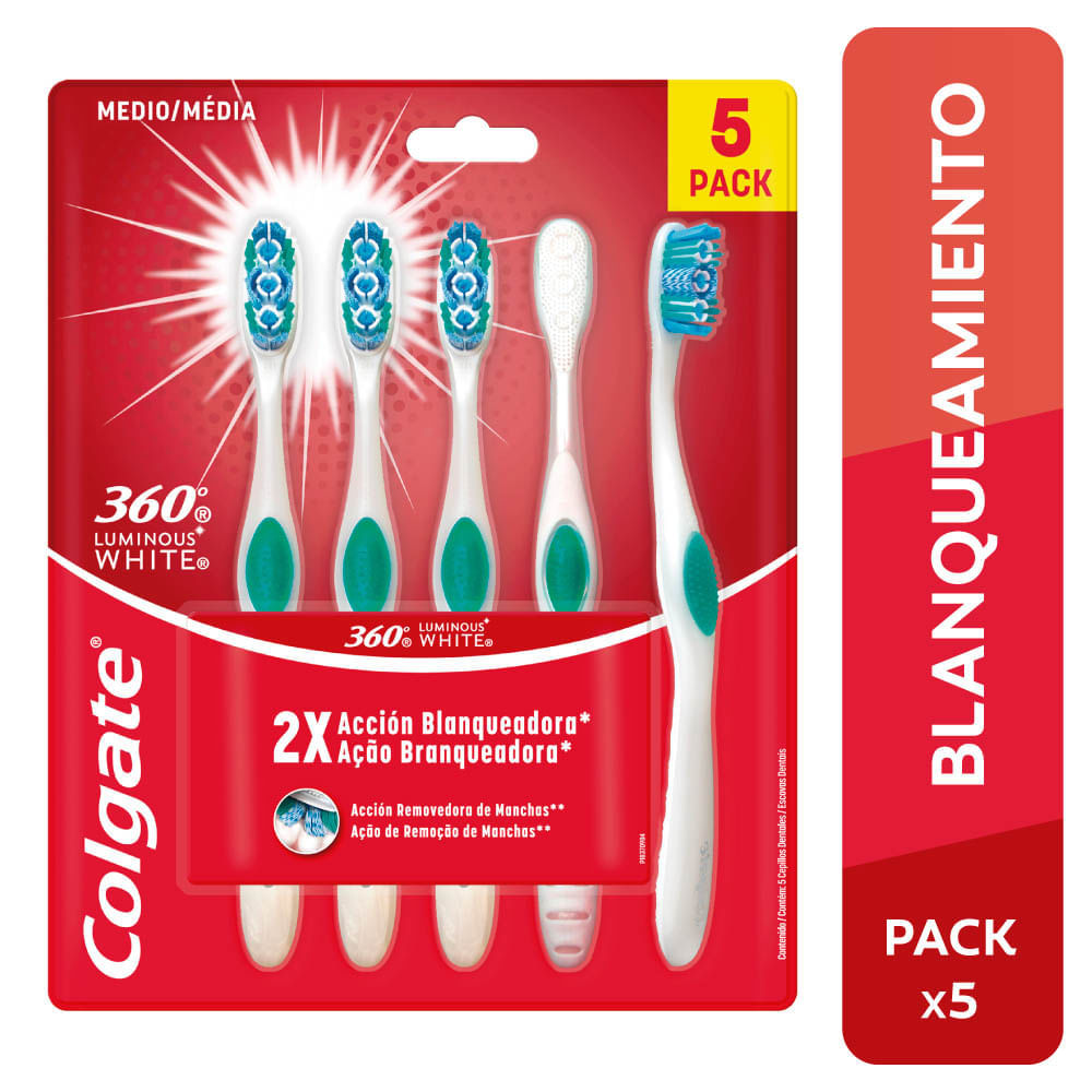 Cepillo de Dientes COLGATE 360° Luminous White Advanced Suave Paquete 5un